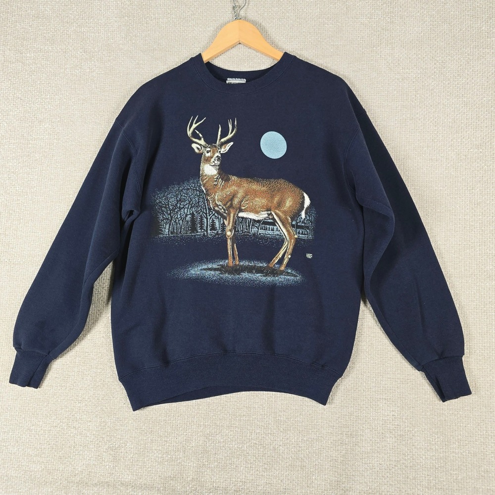 Vintage 90s Lee Sturdy Sweats Deer Moon Crewneck Sweatshirt Mens L Navy Blue USA